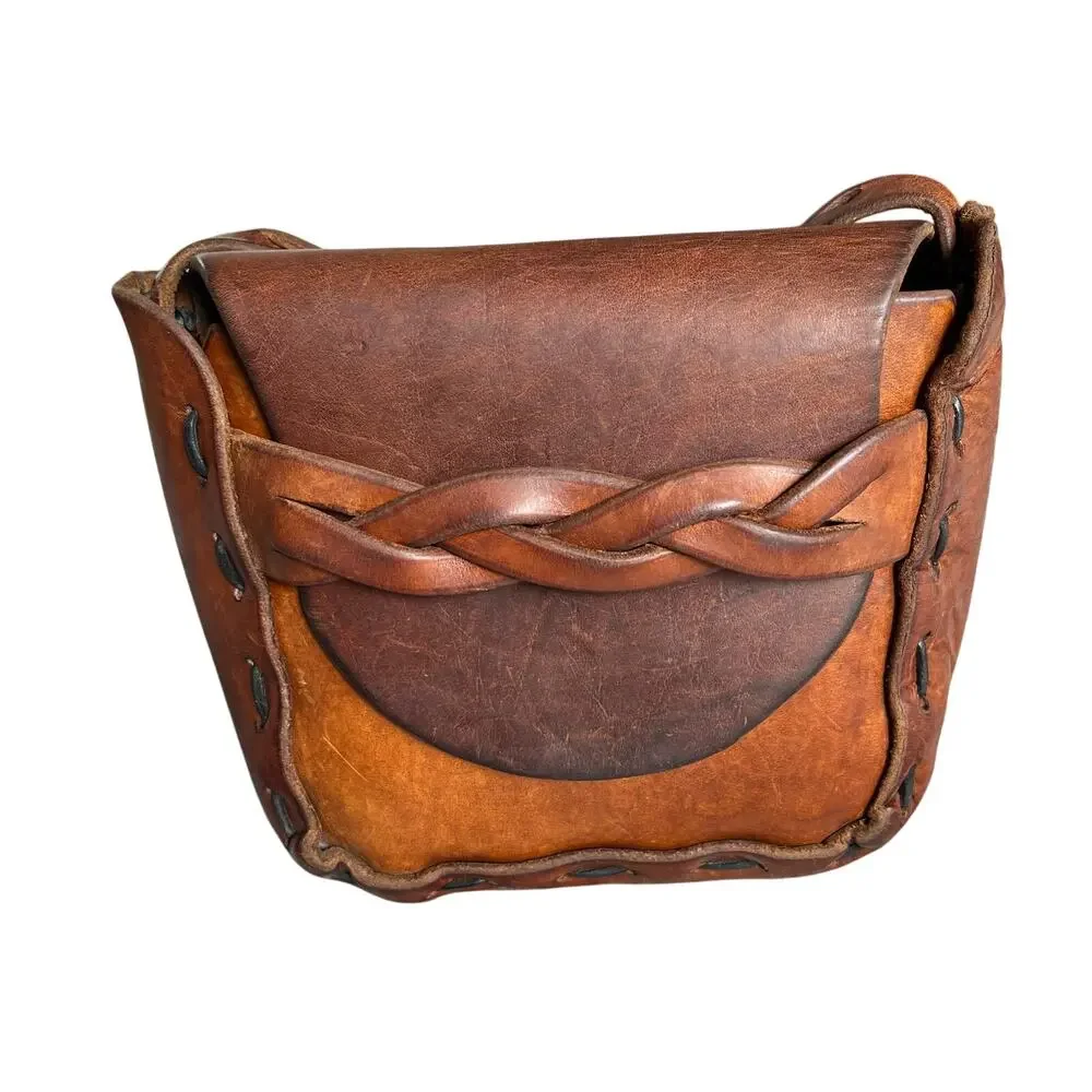 Vintage Brown Leather Shoulder Bag Braided Strap Boho Hippie